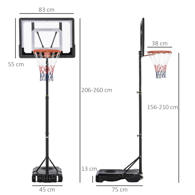 HOMCOM Canasta de Baloncesto con Altura Ajustable 206-260 cm Aro de Baloncesto con Ruedas y Base Rellenable Negro