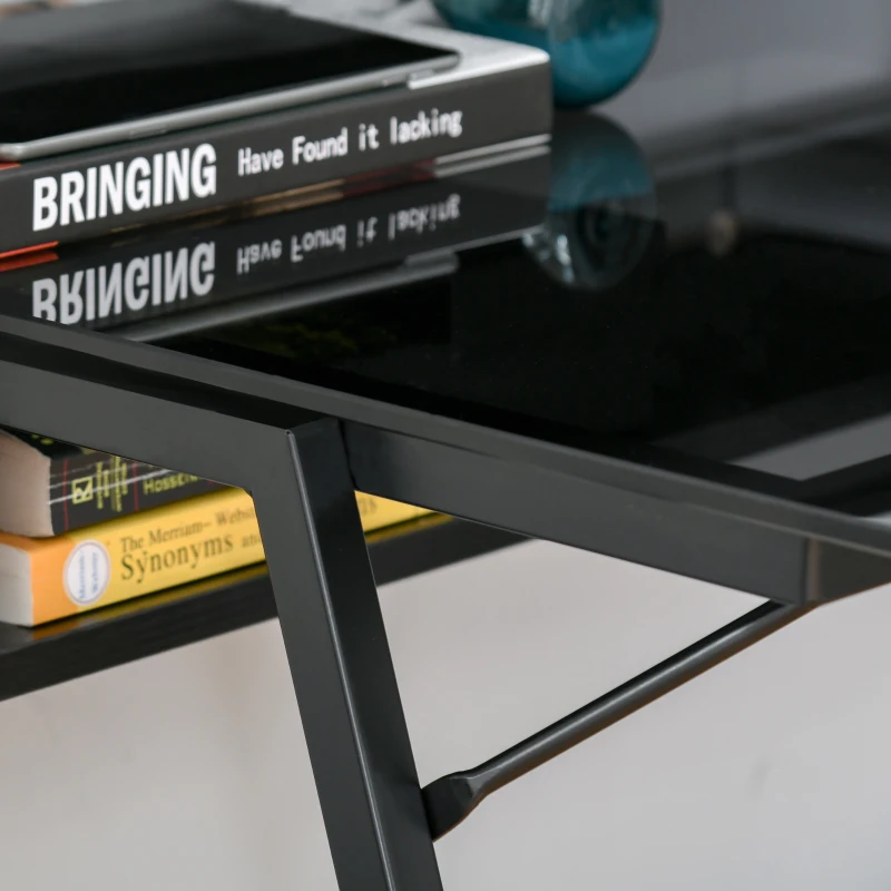 HOMCOM Computertisch im Industrie-Design, 2 Ablagen, Schreibtisch mit Tischplatte aus Glas, Glastisch, Grau + Schwarz