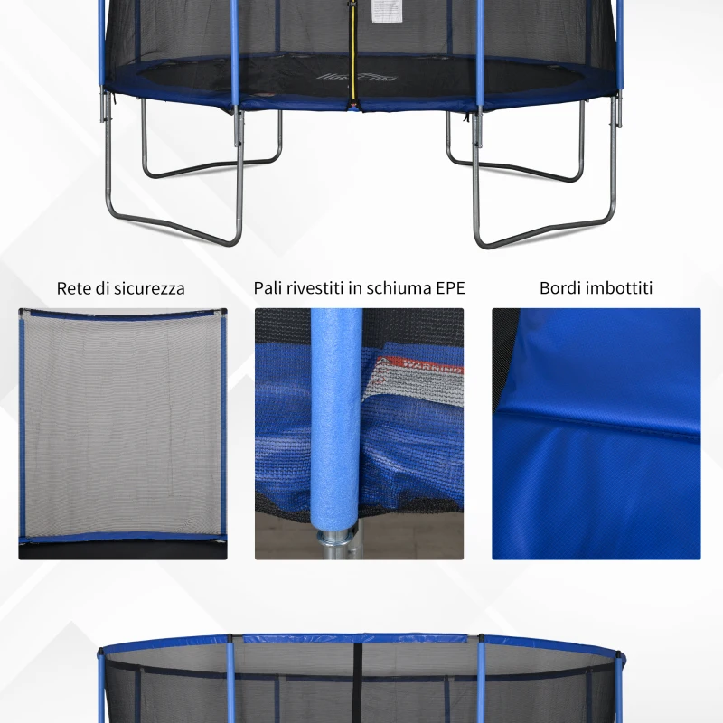 HOMCOM Trampolino Elastico da Esterno, Tappeto Elastico per Bambini e Adulti da Giardino con Rete di Sicurezza e Bordo Imbottito, Giochi da Giardino e Casa, Ø366x269cm, Blu e Nero