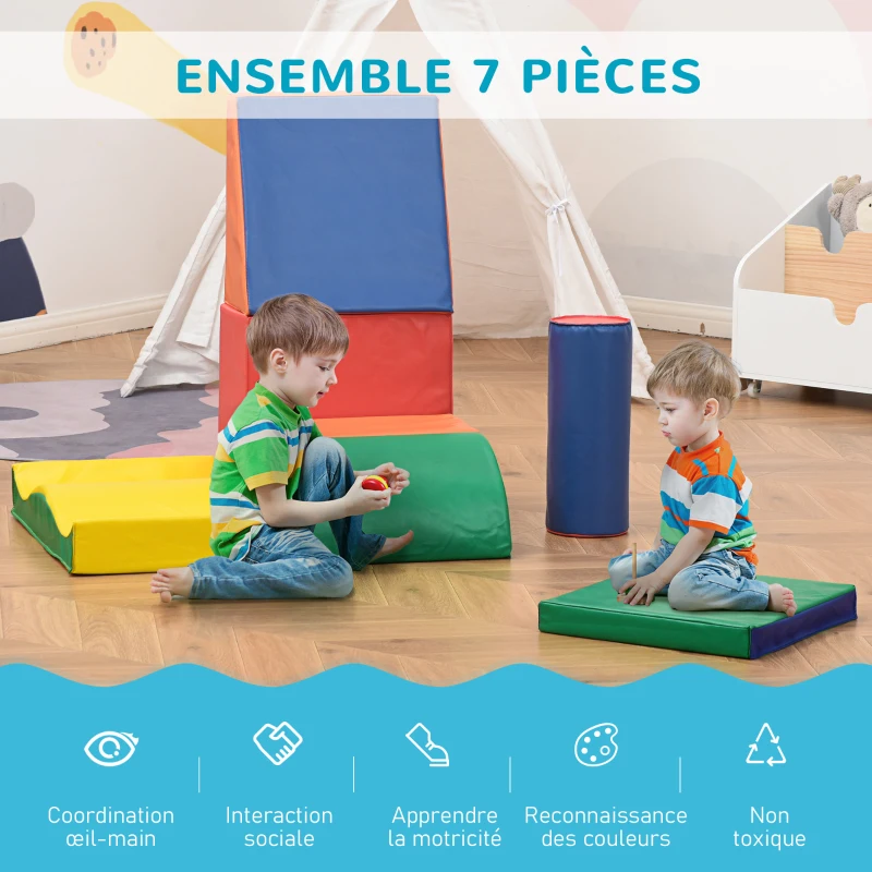 HOMCOM 7PCS Module motricité bébé parcours motricité bébé blocs de construction en mousse EPE avec housse en polyuréthane - jouets éducatifs pour enfants d'âge préscolaire, multicolore(m-4)