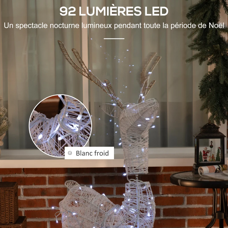 Outsunny Renne lumineux de Noël - décoration LED extérieure de Noël - 92 LED blanc chaud fils de coton blanc