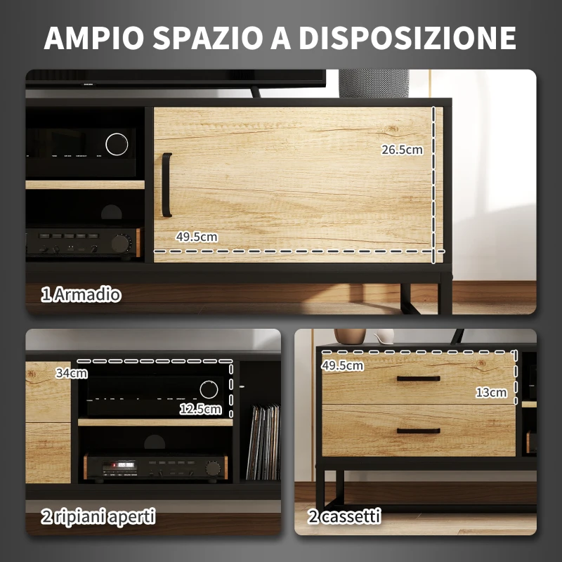 HOMCOM Mobile Porta TV 60" con Armadietto, 2 Cassetti e Ripiani Aperti, 140x35x45 cm, Legno Naturale