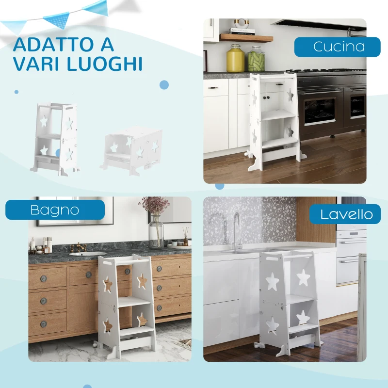 AIYAPLAY Scala Montessori Convertibile in Set Tavolo e Sedie con Barra di Sicurezza, in Legno, 60x44.5x86 cm, Bianco