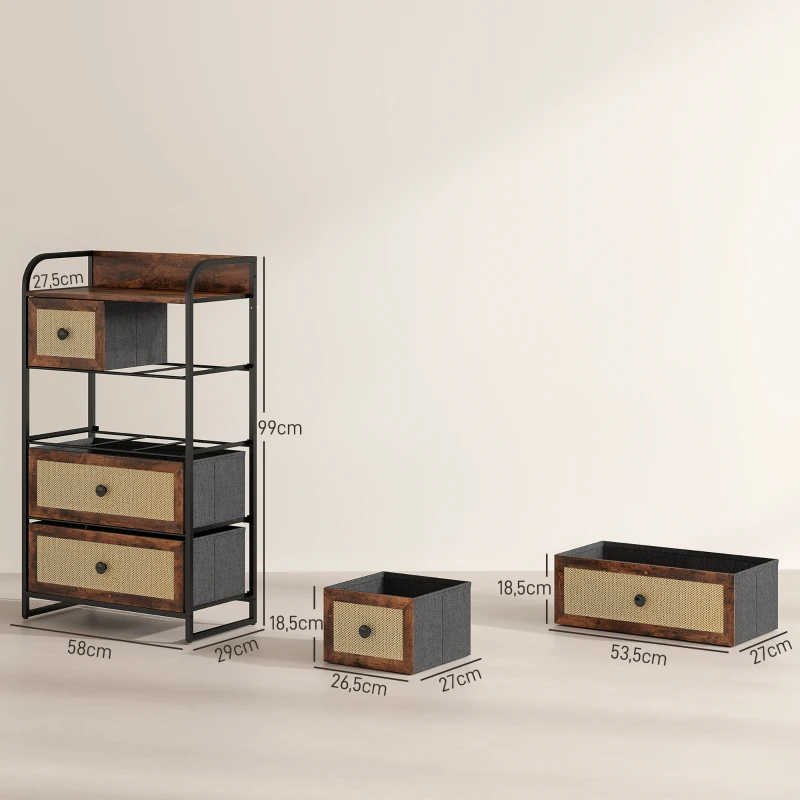 HOMCOM Cómoda para Dormitorio con 5 Cajones con Frentes de Ratán y Marco de Acero 58x29x99 cm Marrón Rústico
