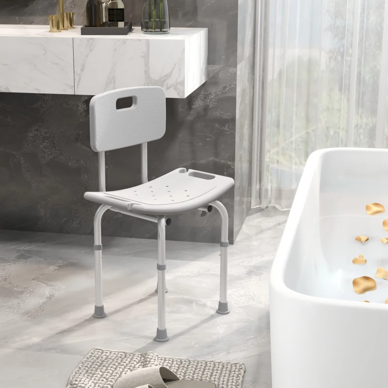 HOMCOM Taburete de Ducha Silla para Ducha con Respaldo Antideslizante Altura Regulable en 8 Niveles Carga 136 kg