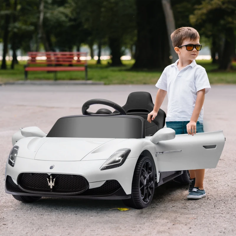 AIYAPLAY Coche Eléctrico para Niños con Licencia Maserati MC20 con Batería 12V Mando a Distancia Faros Bocina Música Blanco
