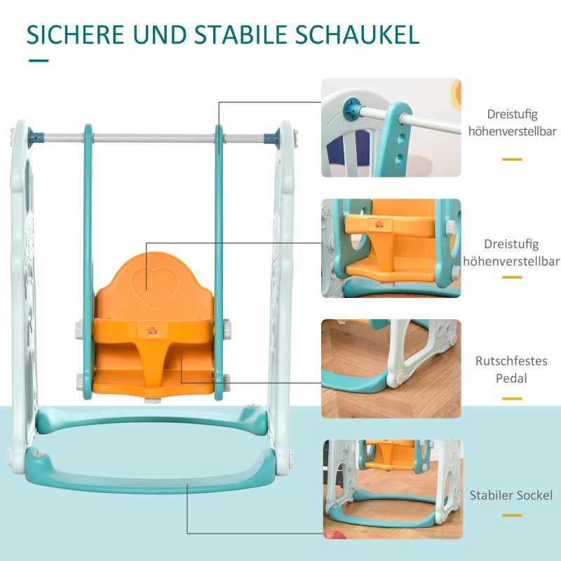 HOMCOM 3 in 1 Kinderrutsche Kinderschaukel Set Spielturm für Kinder 18 bis 48 Monaten Kinder Spielplatz mit Basketballkorb HDPE PP Blaugrün+Gelb 149 x 186 x 98 cm