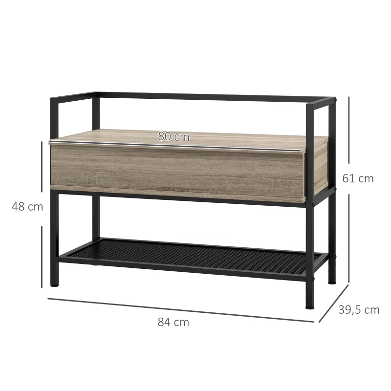 HOMCOM Banco Recibidor con Tapa Abatible Mueble Zapatero con Compartimento Oculto y Estante de Rejilla 84x39,5x61 cm Roble