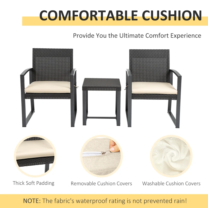 Outsunny Outdoor Garden PP Rattan Style Bistro Set, 3 PCS Patio Side Table Set w/ 2 Cushioned Single Chairs Conservatory Furniture, Brown
