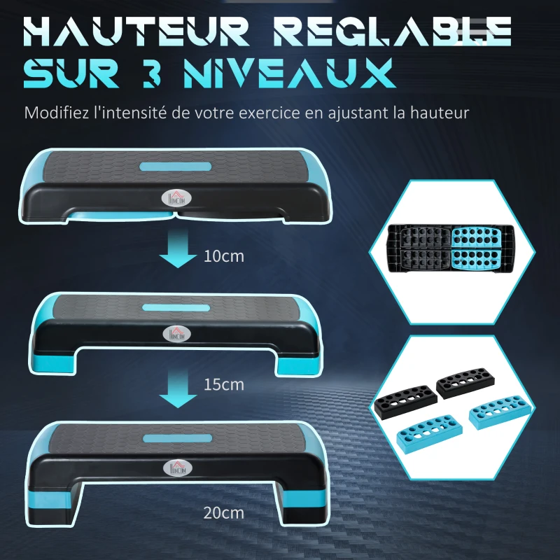 HOMCOM Stepper aérobic fitness hauteur réglable 3 niveaux surface antidérapante 78 x 28 x 20 cm noir et bleu