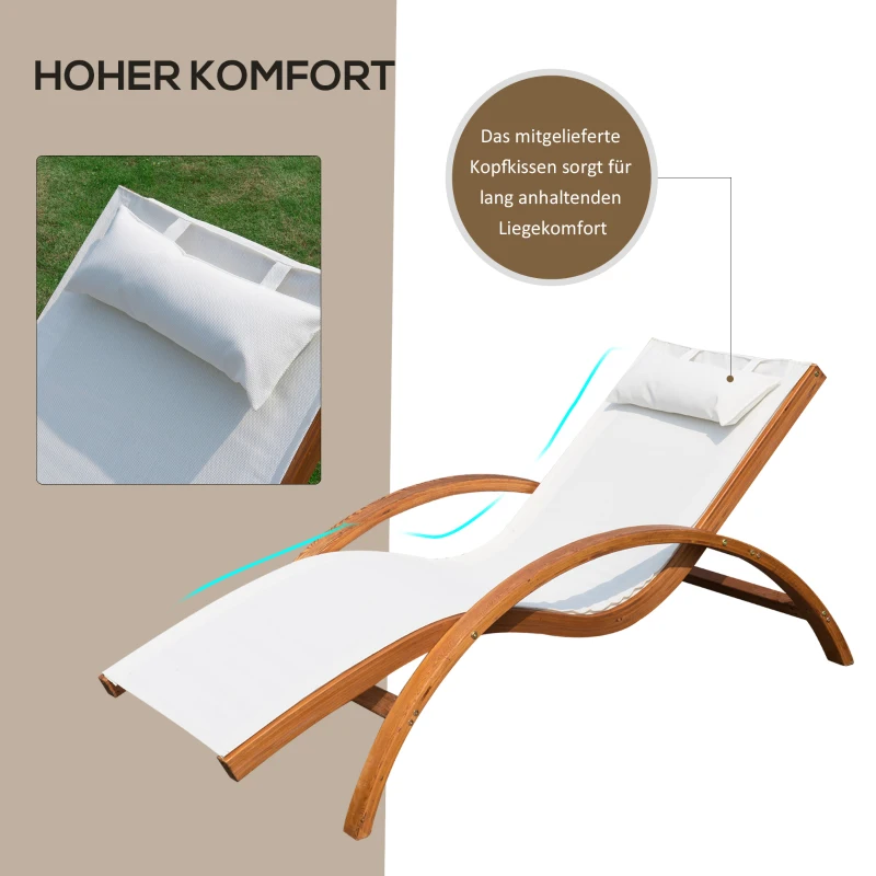 Outsunny Sonnenliege Gartenliege Liegestuhl Relaxliege Liege Relaxsessel mit Kopfkissen Lärche + Textilgewebe Braun+Creme 161 x 72 x 68 cm