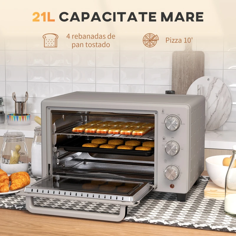 HOMCOM Horno Sobremesa de 21L 1400W Mini Horno Eléctrico Temporizador hasta 60min y Temperatura Regulable hasta 230℃ Plateado