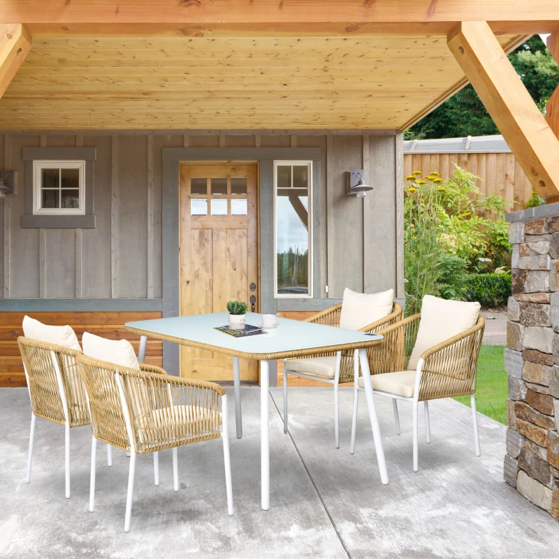 Outsunny Set da Giardino in Rattan PE e Alluminio con Tavolo in Vetro e 4 Sedie Impilabili, Giallo