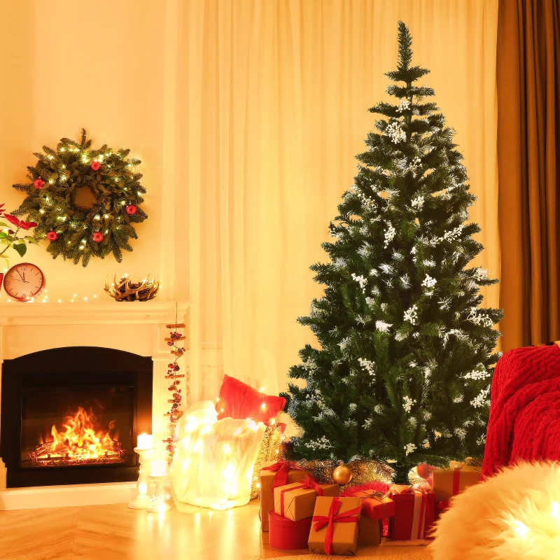 HOMCOM Albero di Natale Innevato 180cm con Bacche Decorative Bianche, Base Rimovibile Pieghevole, 603 Rami, Verde