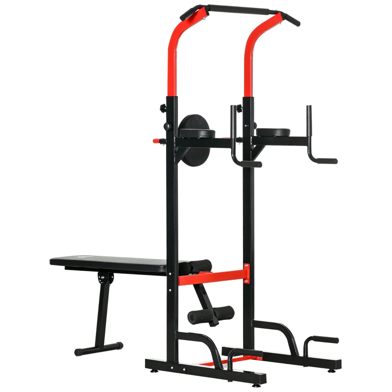 HOMCOM Power Tower Dip Station Büro Fitnesscenter multifunktionale Kraftstation höhenverstellbar täglich Training klappbar Rückenbrett Stahl PP PVC Schwarz+Rot 94 x 174 x 180-230 cm