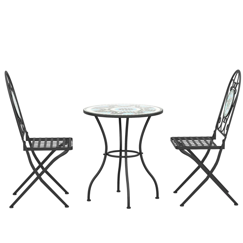Outsunny 3PCs Bistro Set, Outdoor Metal Frame Mosaic Decoration Garden Table and Chair Set, Patio Folding Chairs Furniture Set