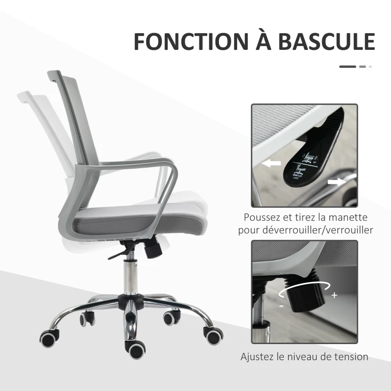 Vinsetto Fauteuil chaise de bureau ergonomique hauteur réglable pivotante 360° revêtement maille gris