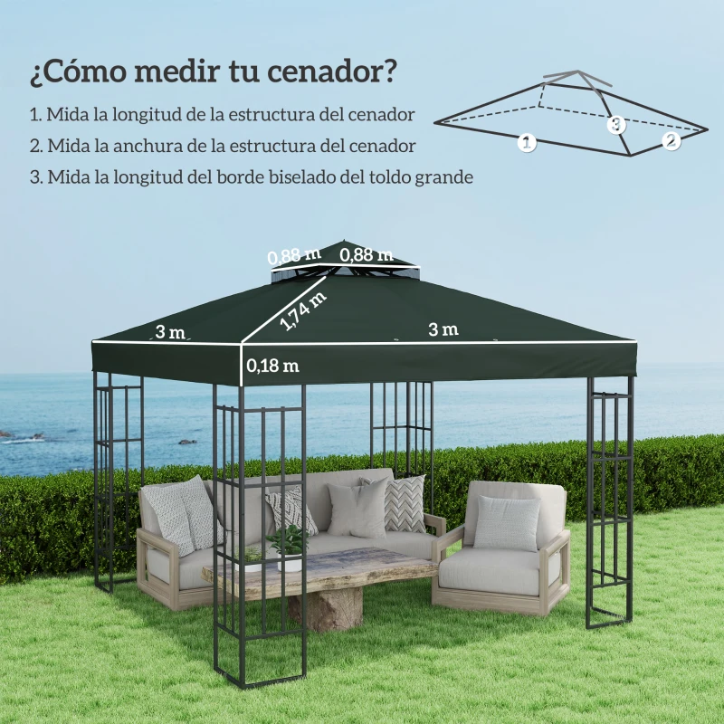 Outsunny Toldo de Recambio 3x3 m con Techo Doble con Orificios de Drenaje y Protección UPF30+ Verde Solo Toldo NO Incluye Marco