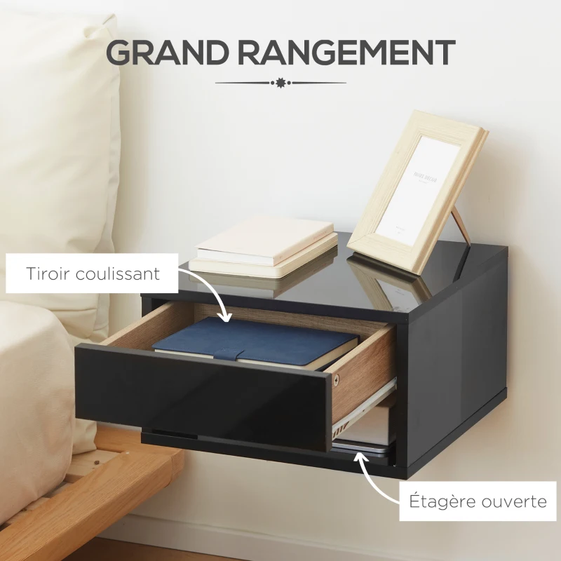 HOMCOM Lot de 2 tables de chevet murales table de nuit tiroir coulissant niche plateau en bois dim. 37L x 32l x 21H cm noir