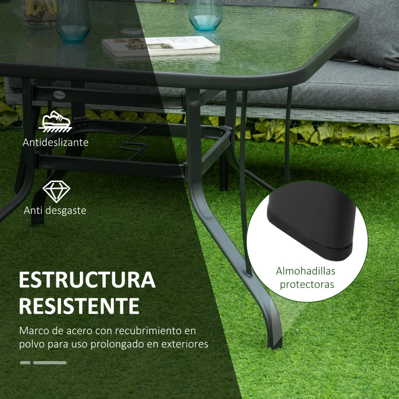 Outsunny Mesa de Cristal de Jardín con Agujero para Sombrilla Mesa para Comer Cuadrada con Marco de Acero para Exterior Terraza Balcón 106,5x106,5x71 cm Negro