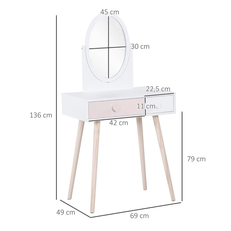 HOMCOM Coiffeuse Enfant Design scandinave Table de Maquillage Multi-rangements Miroir dim. 69L x 49l x 136H cm pin et MDF Blanc