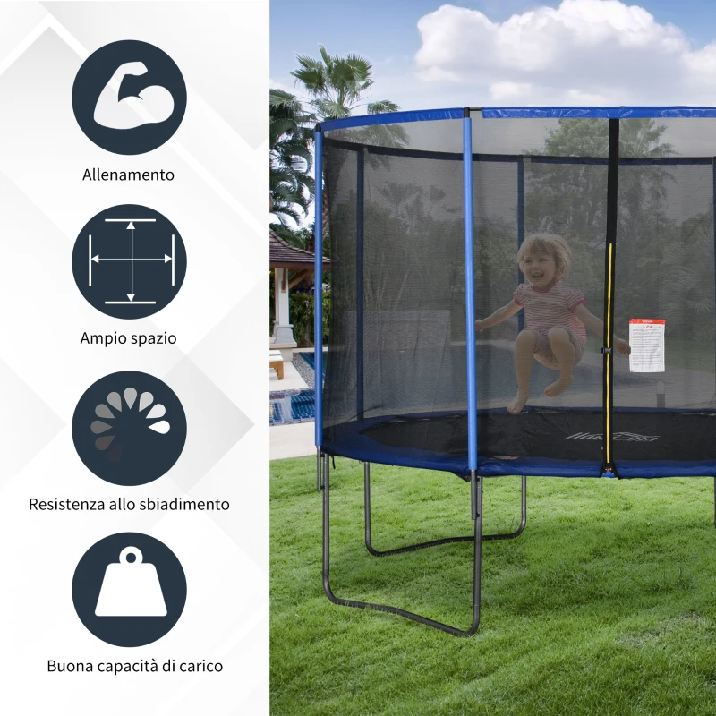 HOMCOM Trampolino Elastico da Esterno, Tappeto Elastico per Bambini e Adulti da Giardino con Rete di Sicurezza e Bordo Imbottito, Giochi da Giardino e Casa, Ø366x269cm, Blu e Nero