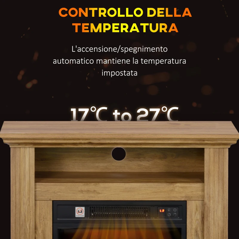 HOMCOM Caminetto Elettrico 1800W con Fiamma 3D, Timer e Telecomando, in Legno, Metallo e Vetro, 81.5x30x76.2 cm, Marrone