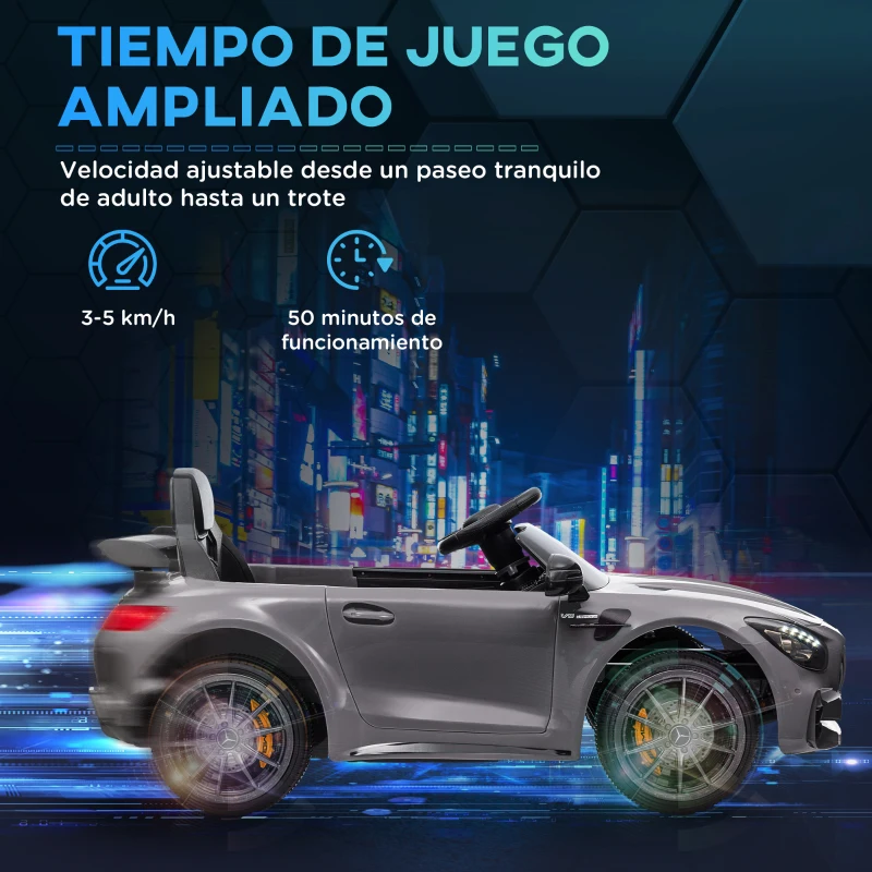 AIYAPLAY Coche Eléctrico para Niños de +3 Años Mercedes-Benz AMG GTR con Batería 12V Mando a Distancia Faros Bocina Música Plata