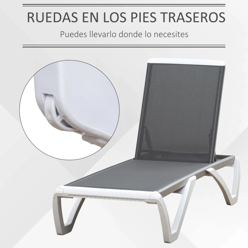 Outsunny Tumbona Reclinable de Jardín de Aluminio con Ruedas y Respaldo Ajustable en 5 Niveles Sillón Relax para Terraza Balcón Piscina 170x67,5x95 cm Gris Blanco