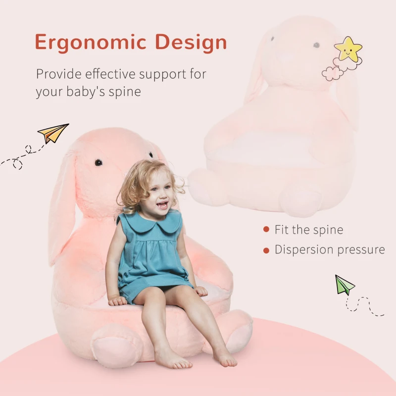 HOMCOM Kids Sofa Chair Children Plush Armchair Stuffed Cute Rabbit Toy Support Seat Learning Baby Nest Sleeping Cushion Bed Soft Snuggle Furniture Feeding Relaxing 60 x 50 x 59cm Pink
