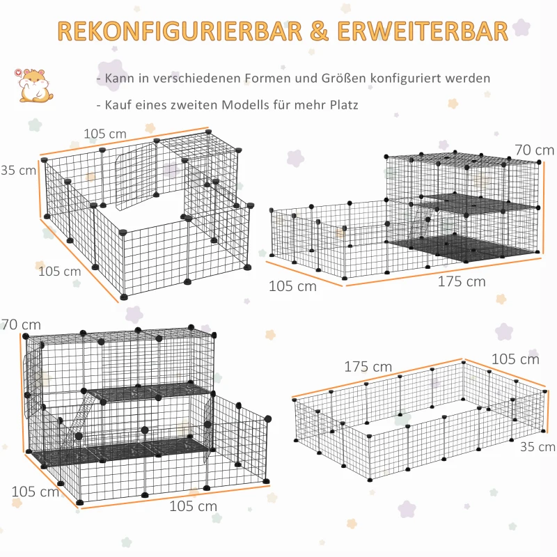PawHut Freigehege aus Metall DIY Kleintierauslauf 2-stöckig Kleintierkäfig mit Tür und Leiter für Chinchilla Kaninchen Meerschweinchen 33 Platten Metallgitter Schwarz 175 x 105 x 70 cm