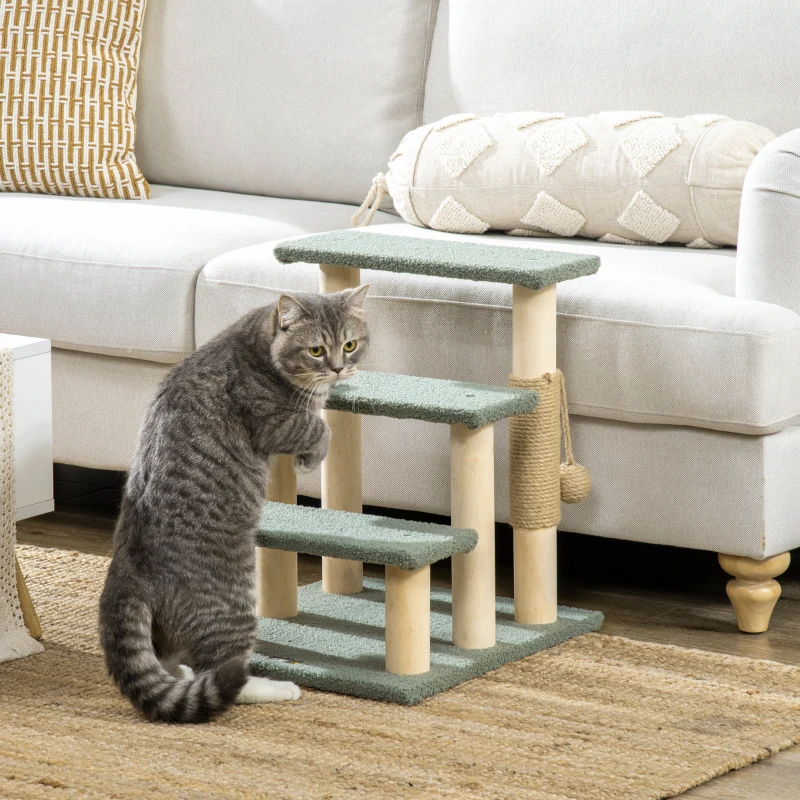 PawHut 48cm Three-Step Cat Tree, with Toy Ball, Jute Scratching Post - Green