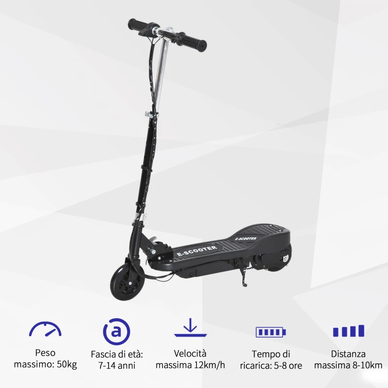 HOMCOM Monopattino Elettrico per Bambini Pieghevole da 120W, Velocità Max 12km/h e Portata 50kg, 74x36x82.5-92.5 cm, Nero