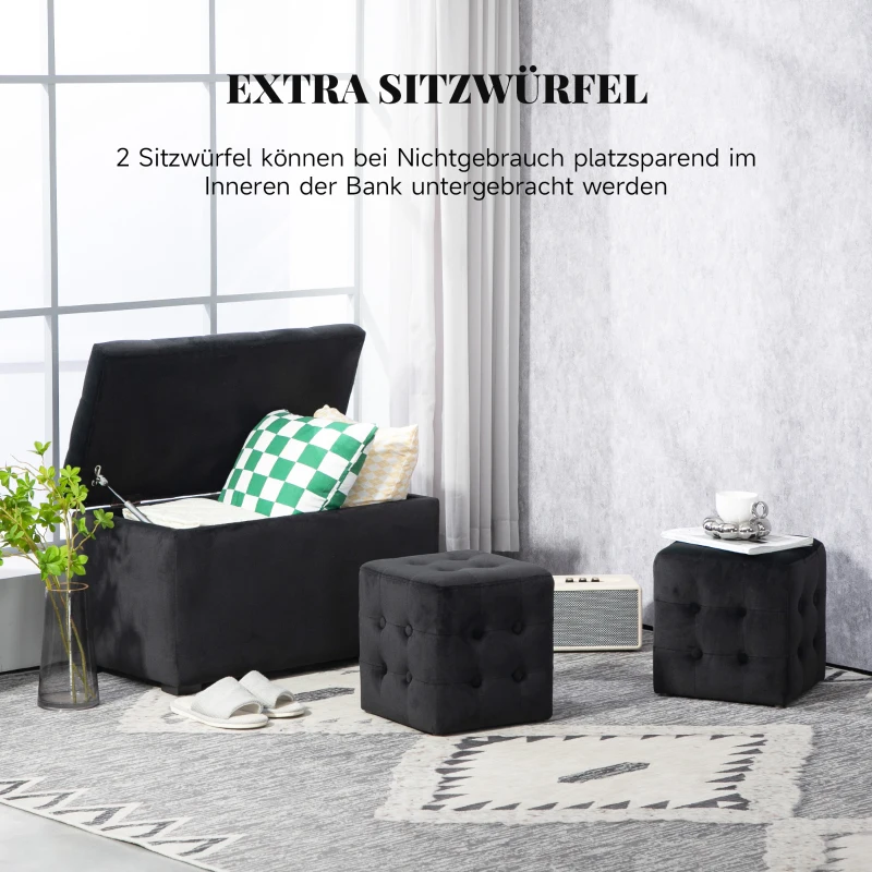 HOMCOM 3-teiliges Möbel-Set mit Stauraum, 2 x Sitzhocker, Polster-Sitztruhe, belastbar bis 130 kg, 75 x 40 x 42 cm, Dunkelgrau