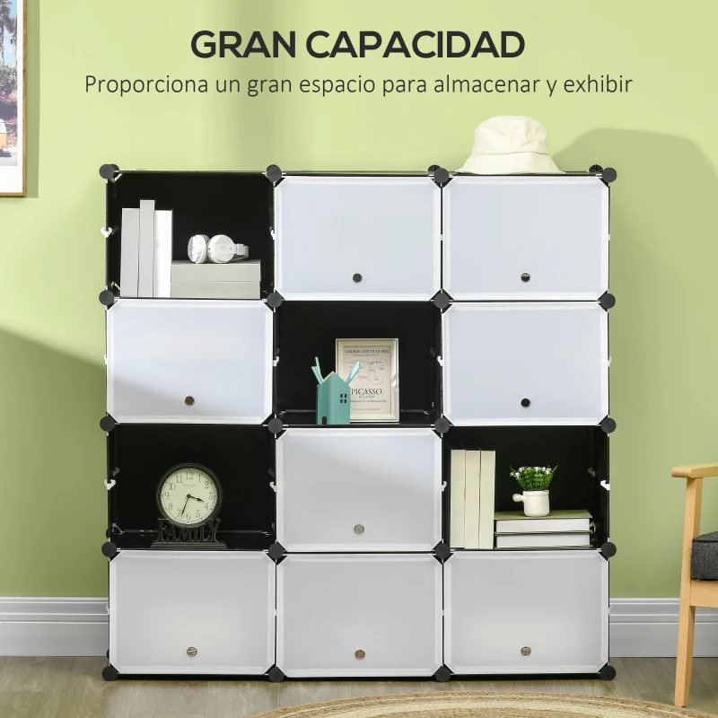HOMCOM Armario Modular de Plástico Armario Portátil con 12 Cubos Organizador de Zapatos 125x32x125 cm Negro y Blanco