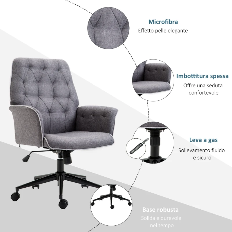 HOMCOM Sedia da Ufficio Imbottita ad Altezza Regolabile, in Tessuto Effetto Lino, 66x69x89.5-97 cm, Grigio