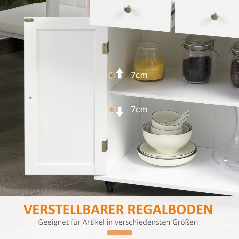 HOMCOM Küchenwagen mit Rollen, Rollwagen mit Seitenregal Küchentrolley, Servierwagen mit Gewürzregal, Küchenhilfe, P2 MDF, Gummiholz, Weiß+Natur, 89 x 45 x 89,5 cm