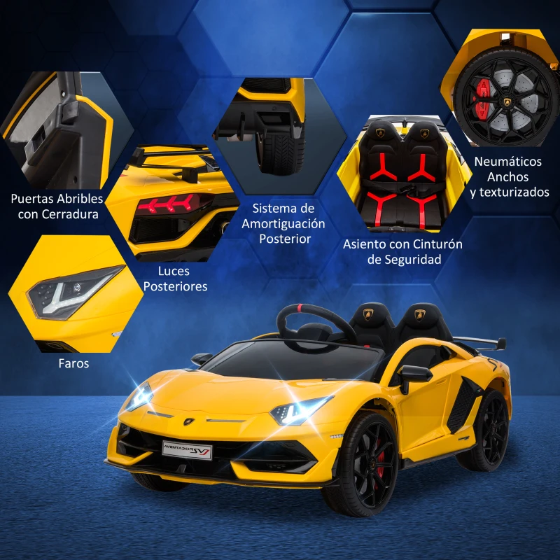 HOMCOM Coche Eléctrico para Niños de +3 Años Lamborghini SVJ Batería 12V con Mando a Distancia Velocidad de 3-5 km/h Música y Faros Carga 25 kg 123x66,5x45,5 cm Amarillo