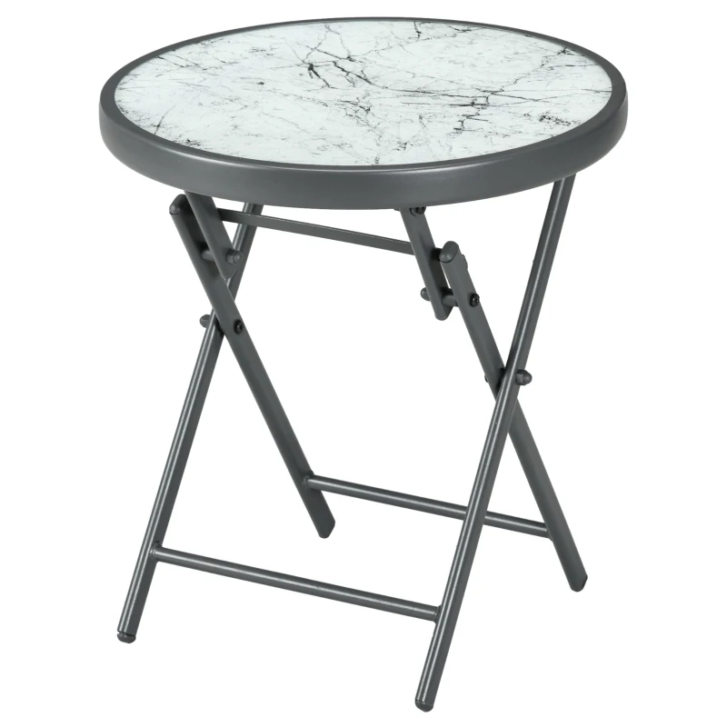 Outsunny Φ45cm Garden Side Table, Outdoor Round Folding Patio Table with Imitation Marble Glass Top, Small Coffee Table, White