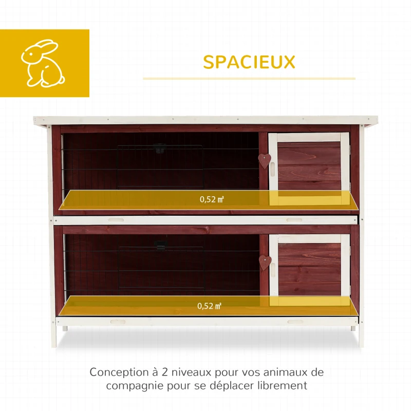 PawHut Clapier sur pieds cage à lapin double niveau plateaux excréments coulissants 4 portes verrouillables toit ouvrant 136L x 50l x 93H cm rouge brique