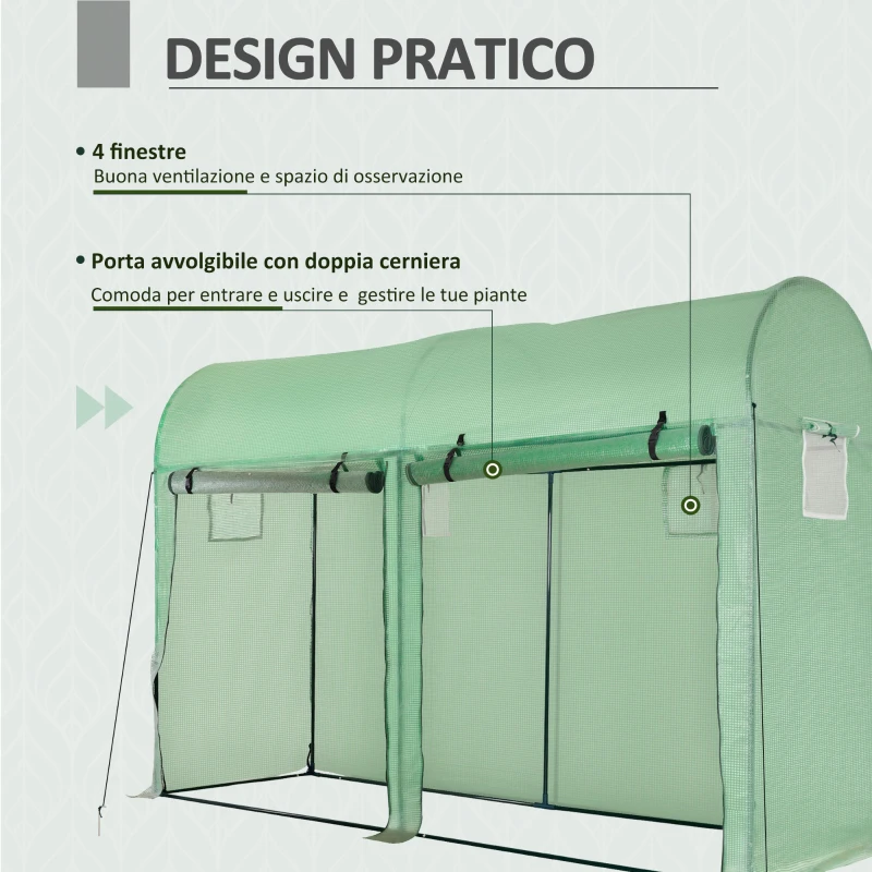 Outsunny Serra Tunnel da Giardino per Piante e Orto, Serra da Balcone con 2 Porte Avvolgibili e 4 Finestre, Copertura in PE Struttura in Acciaio, 3x1x2m