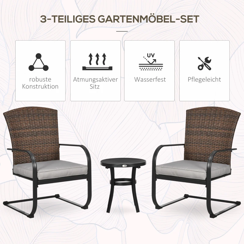 Outsunny Rattan Gartenmöbel-Set für 2 Personen inkl. Couchtisch und 2 Schaukelstühle, mit Kissen, Stahl, Braun