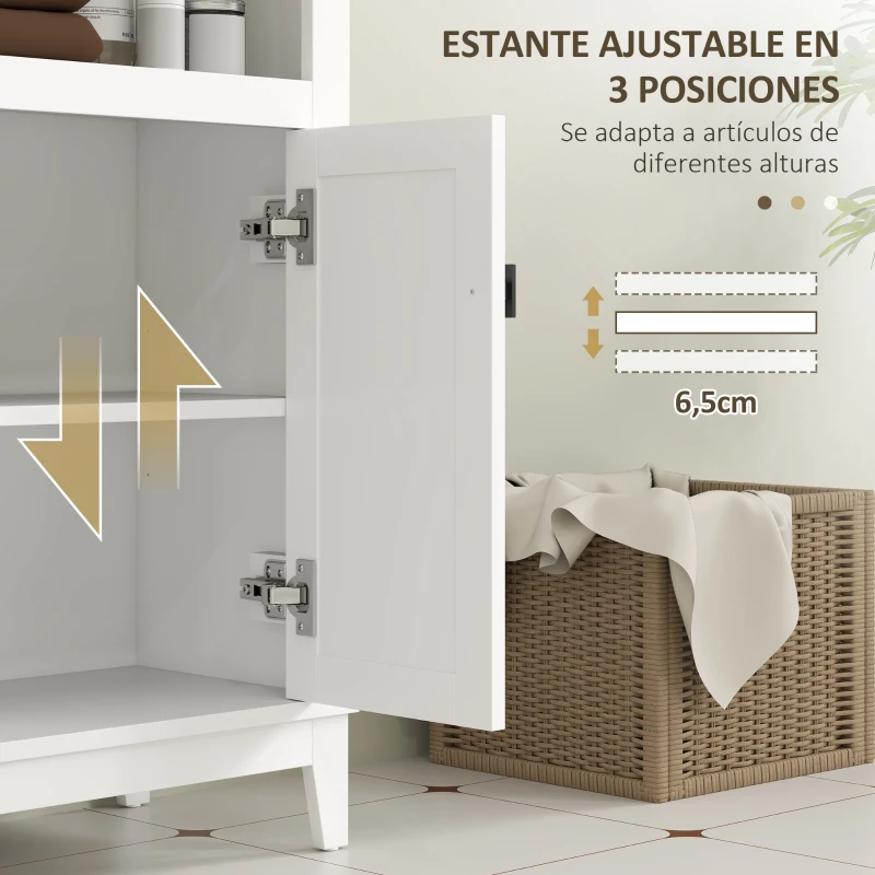 HOMCOM Mueble Auxiliar de Baño con 2 Puertas con Frontal de Ratán Estante Ajustable y Compartimento Abierto 60x30x90 cm Blanco