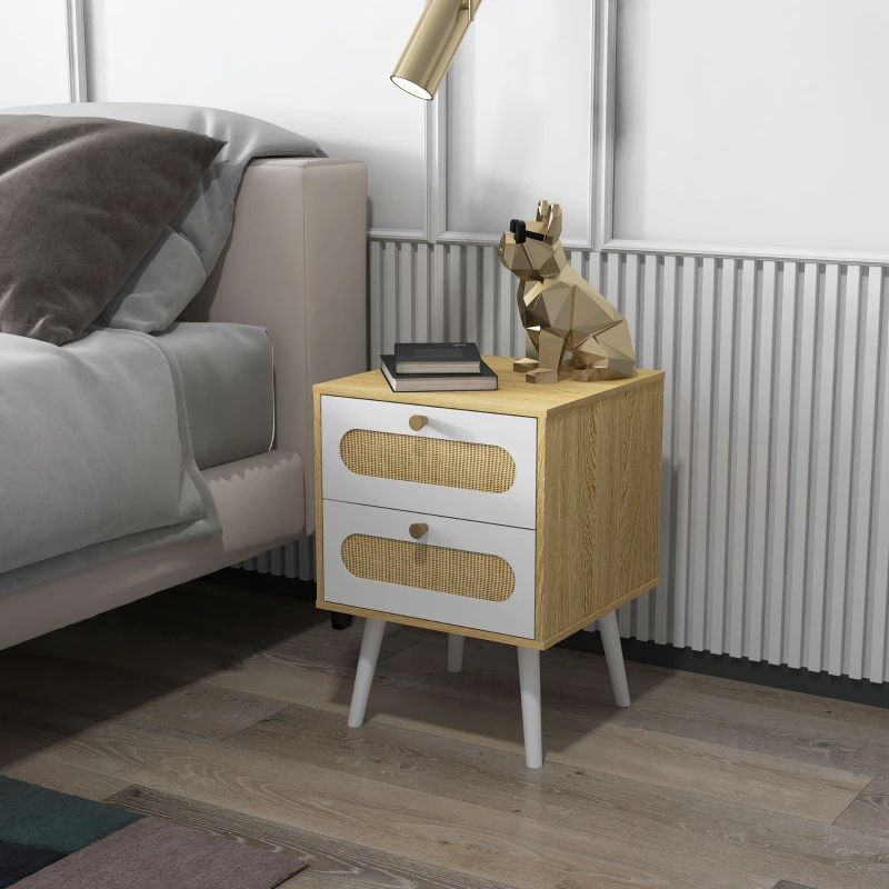 HOMCOM Comodino con Cassetti Set 2 Pezzi in Truciolato e MDF in stile Boho, 40x40x55 cm, Rovere e Bianco