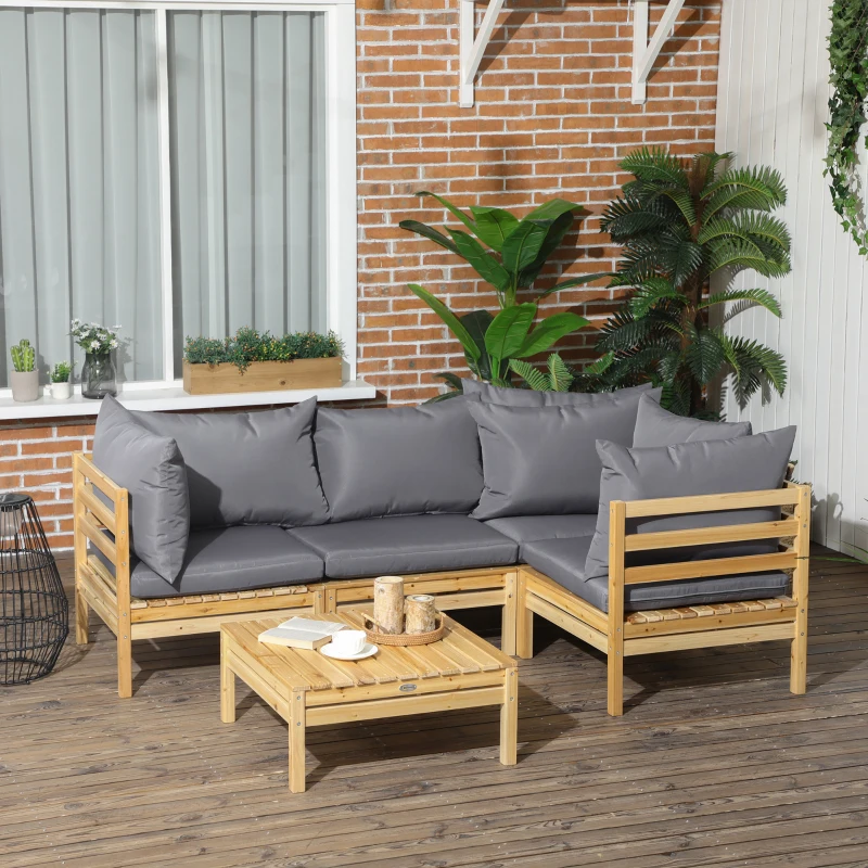 Outsunny Conjunto de Muebles de Jardín de Madera 5 Piezas 4 Módulos de Sofá con Cojines y Mesa de Centro para Exterior Natural