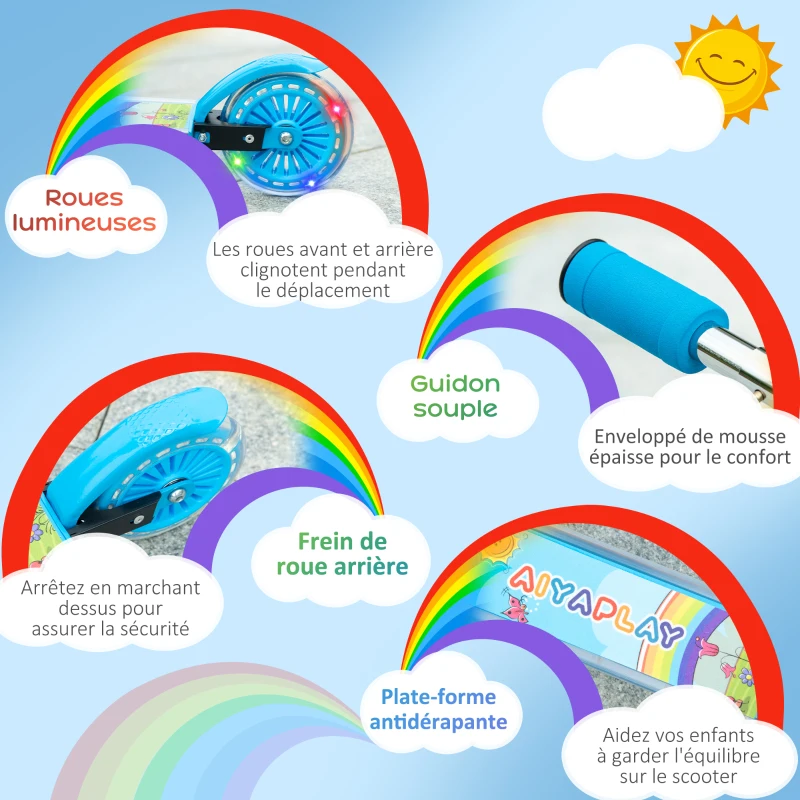 HOMCOM Trottinette pour enfants de 3 à 7 ans pliable roues lumineuses en PU musique 67 x 32 x 78 cm bleu