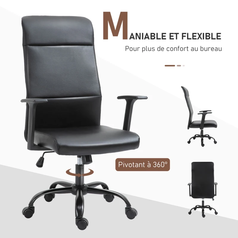 Vinsetto Fauteuil de bureau manager ergonomique pivotant 360° hauteur assise réglable revêtement synthétique PU noir