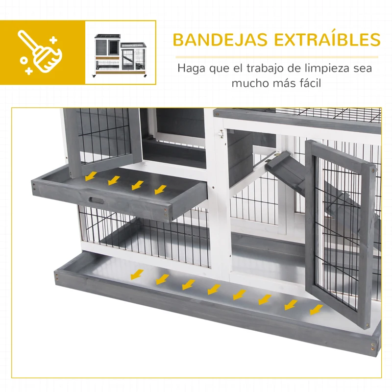 PawHut Conejera de Madera con Ruedas para Interior Jaula de 2 Pisos con Rampa y 2 Bandejas Extraíbles 110x50x88cm Gris