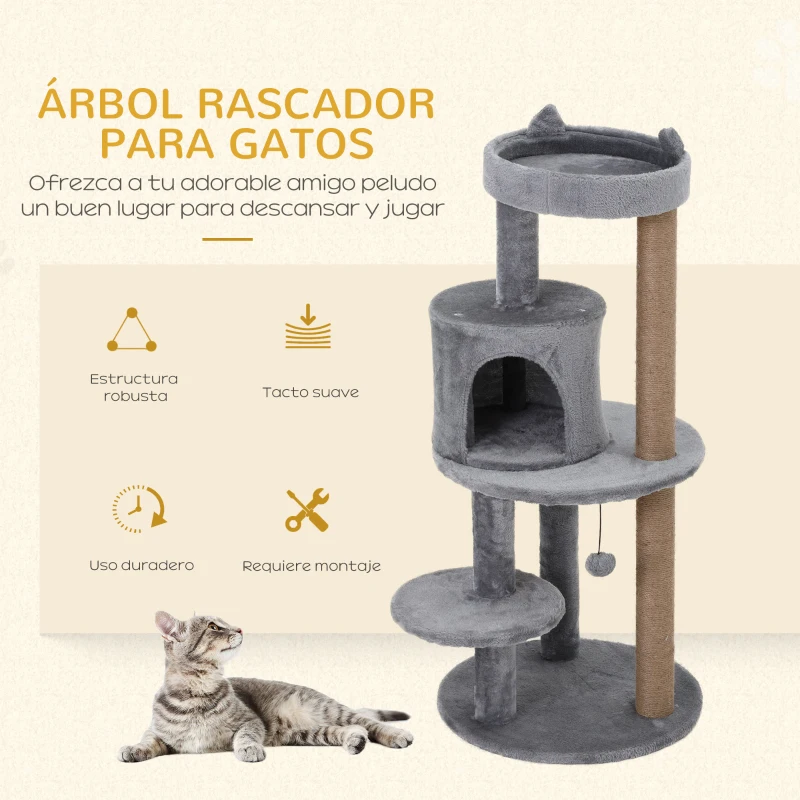 PawHut Árbol Rascador para Gatos de 104 cm Rascador para Gatos con Plataformas Refugio Postes de Sisal y Bola 48x48x104 cm Gris