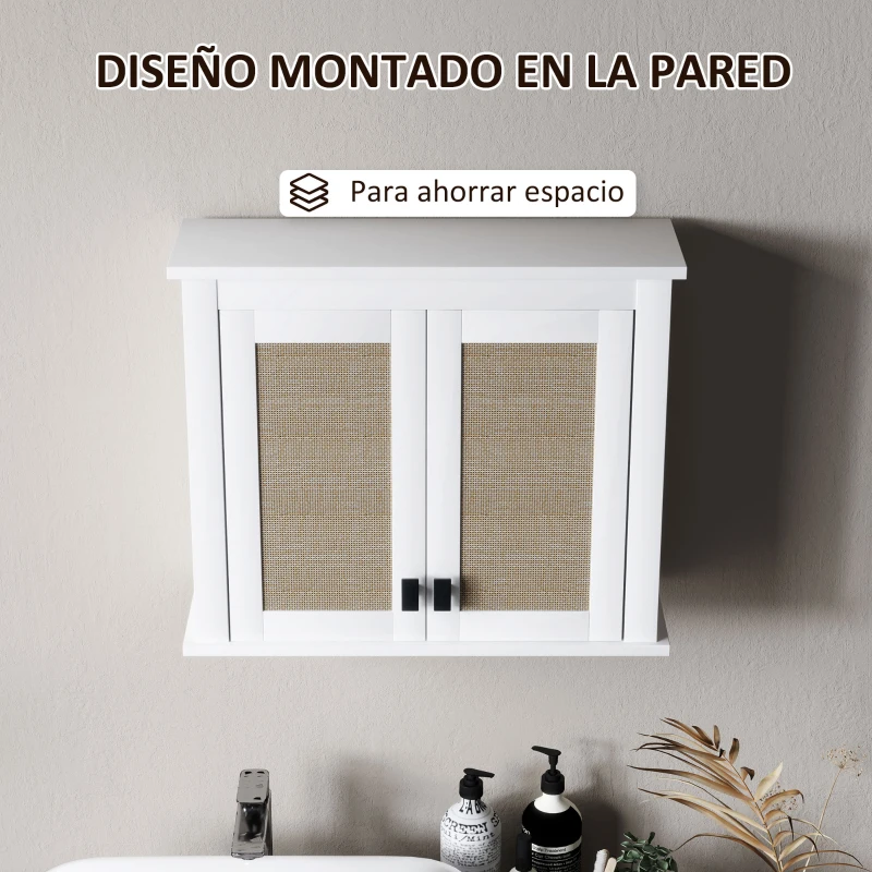 HOMCOM Armario de Pared para Baño Mueble de Baño Suspendido con 2 Puertas de Ratán PE Estante Ajustable 60x19,5x49,4 cm Blanco